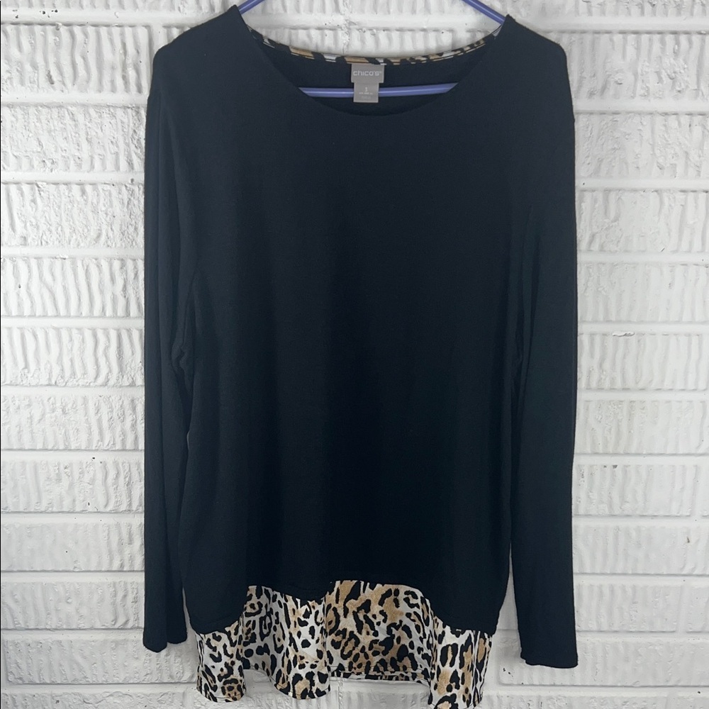 Chico's Black Long Sleeve Top with Leopard Detail